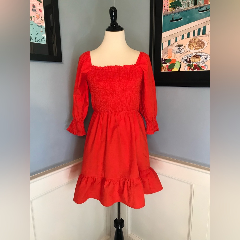 Orange Smocked Knee-Length Dress w/ 3/4 Poof Sleeves Sz L